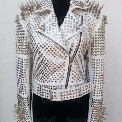 Handmade Women White Studded Leather Jacket Punk..