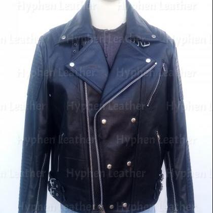 Handmade Mens Black Fashion Leather Jacket Button..