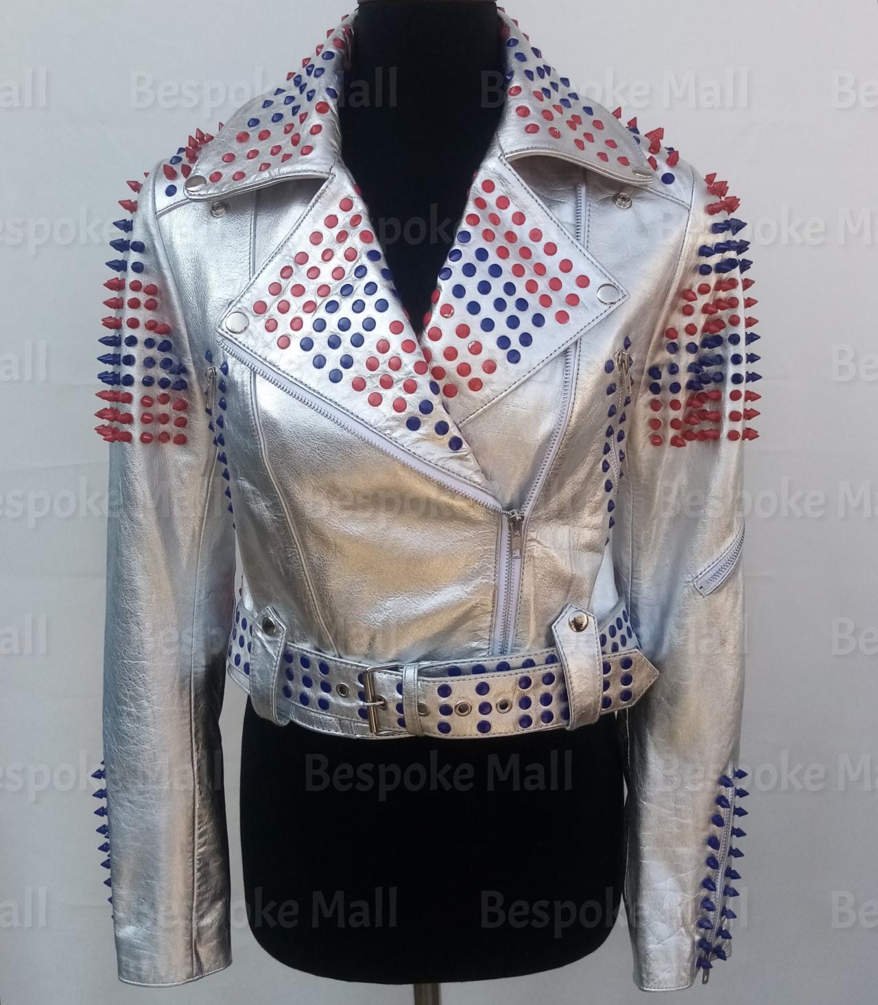 Handmade Women's Silver Punk Multi-colors Spiked Studded Brando Belted Cowhide Biker Leather Jacket-1