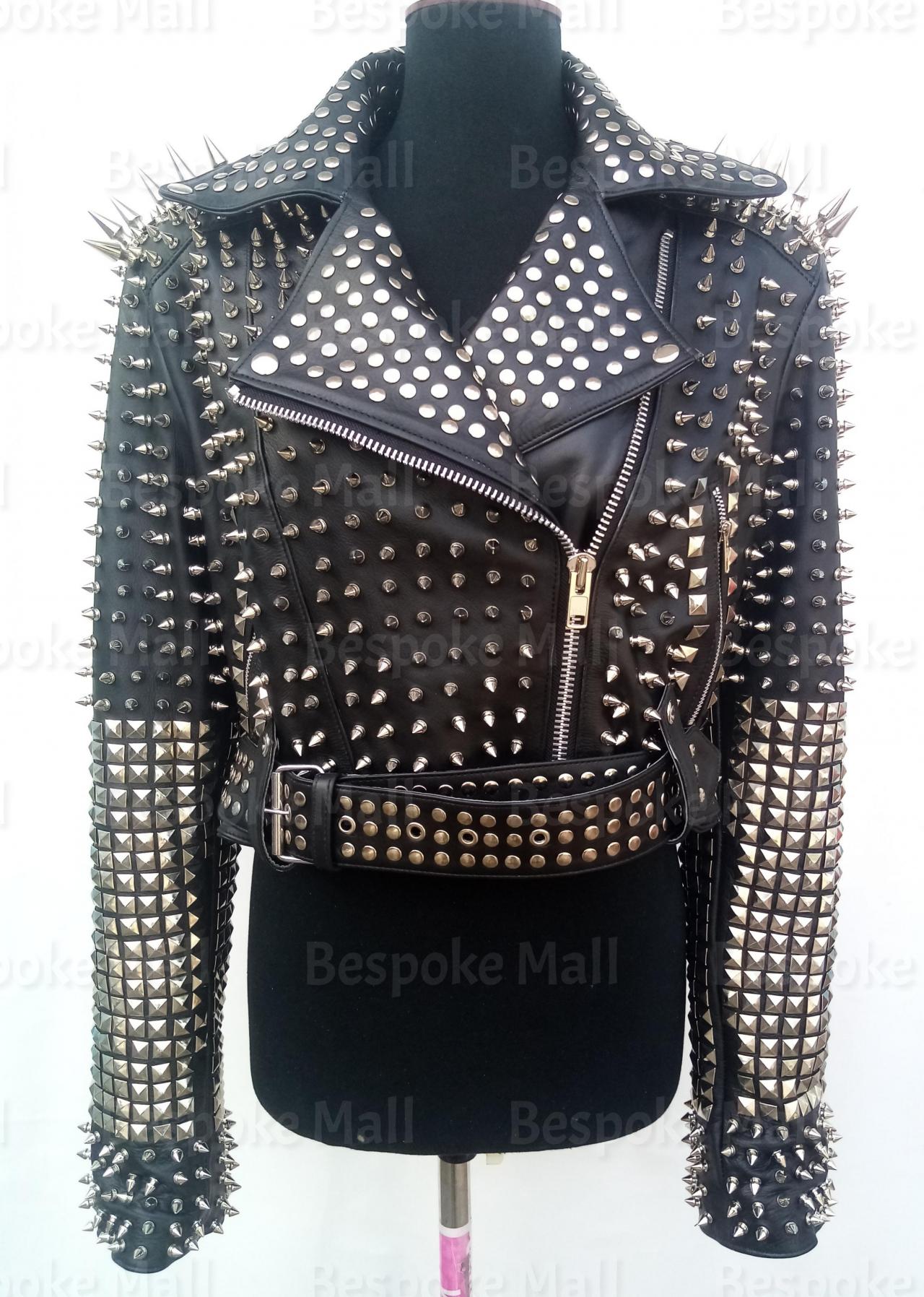 New Handmade Women Black Rock Punk Full Silver Long Spiked Studs Unique Belted Brando Style Leather Jacket-4