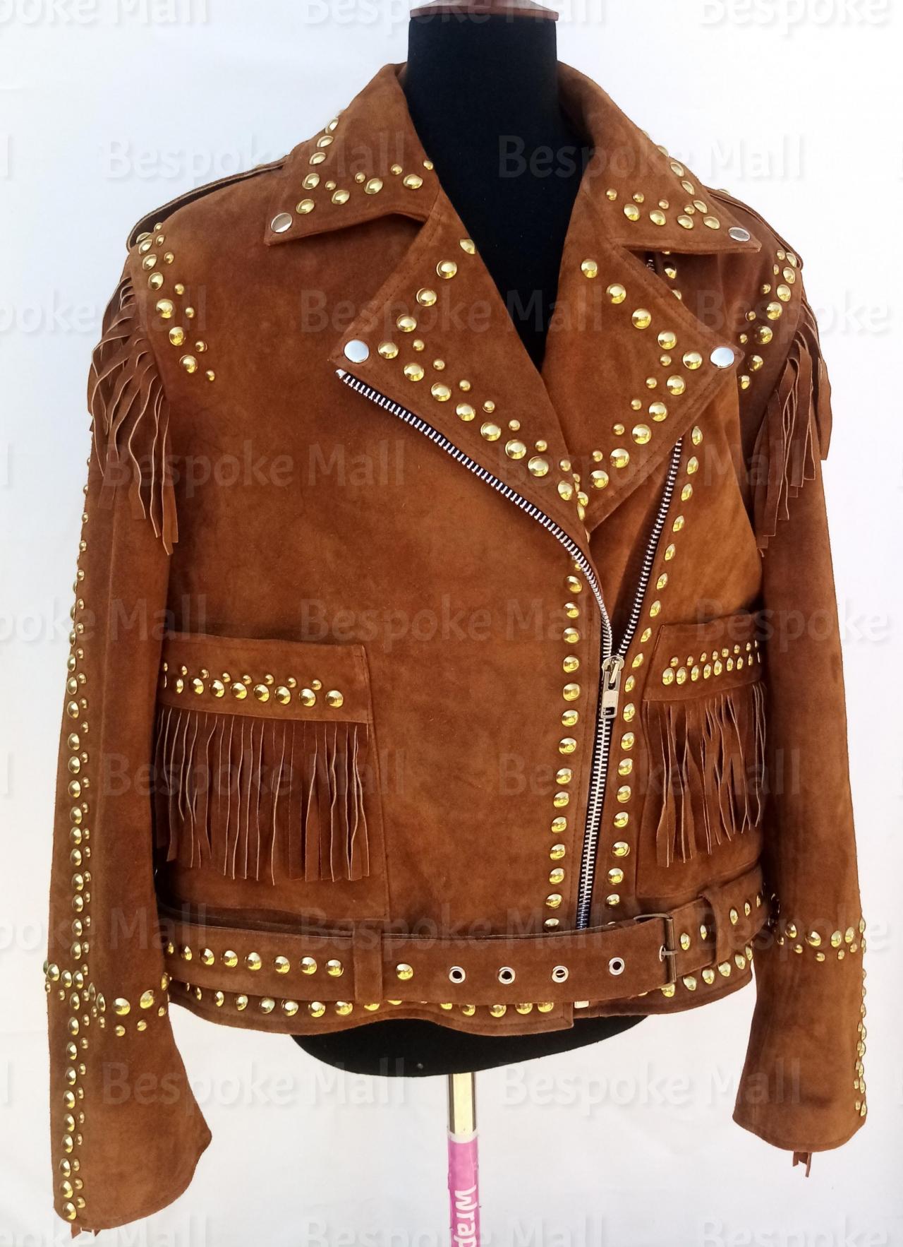 Handmade Women Punk Brown Golden Studs Brando Western Style Leather Jacket-6
