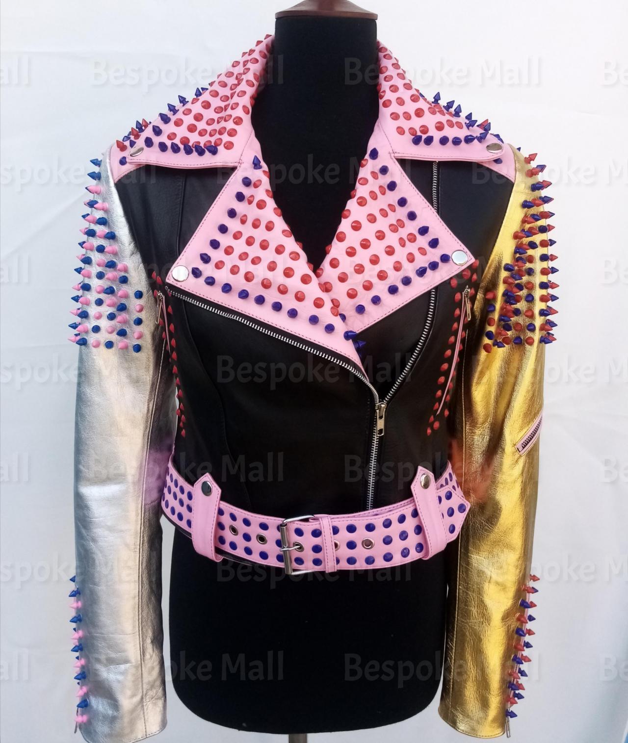New Handmade Women Multi-Colors Style Punk Half Spiked Woman Studded Cowhide Leather Jacket -8