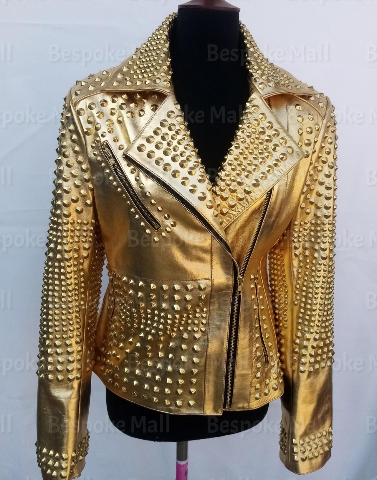 New Handmade Women Punk Golden Studded Brando Rock Vintage Leather Jacket-9