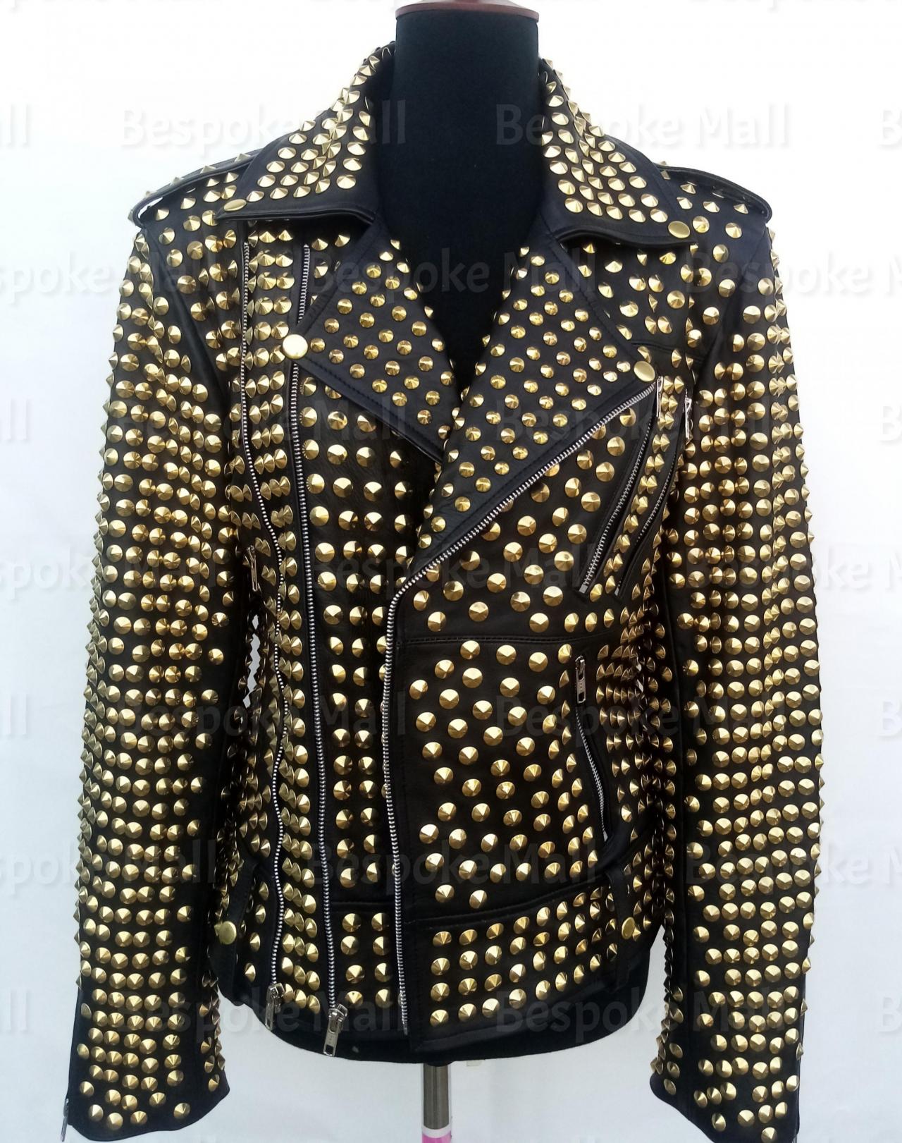 New Handmade Women Punk Black Full Golden Studded Brando Style Steam Punk Studded Biker Zipper Cowhide Leather Jacket-12
