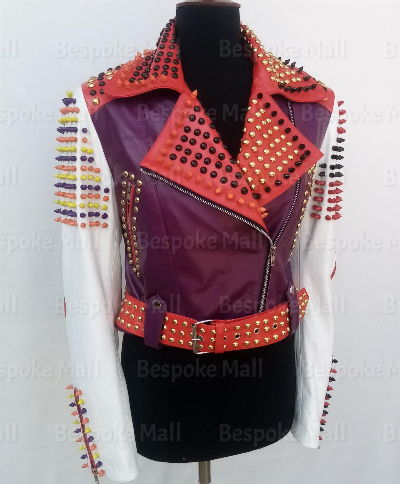 Handmade Women Multi-colors Spiked Studded Biker Cowhide Leather Jacket-14