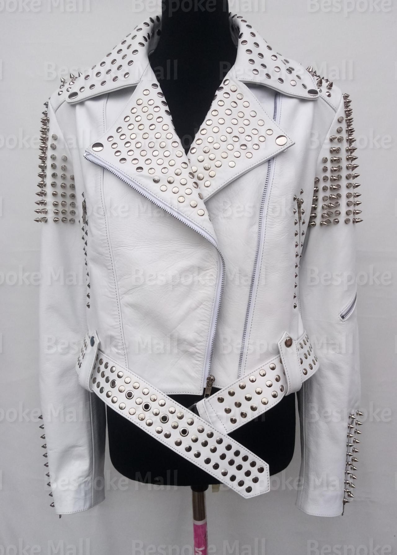 Handmade Women Rock Full White Silver Spiked Half Studded Brando Style Unique Studded Belted Cowhide Leather Jacket-15