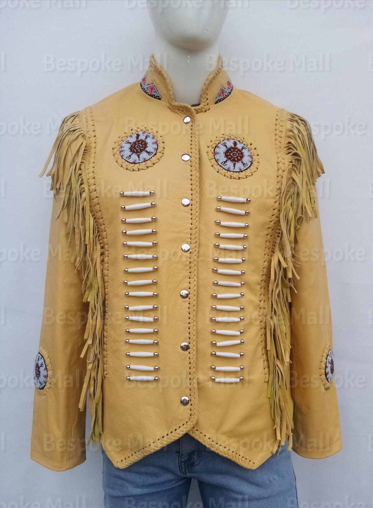 New Handmade Men Yellow Western Unique Cowhide Vintage Fashion Leather Jacket-18