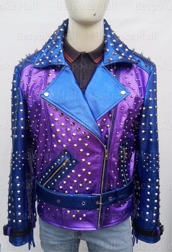New Men Handmade Blue Silver Spiked Studded Unique Cowhide Leather Jacket-19
