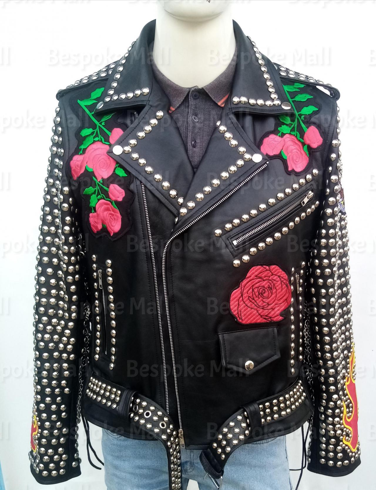 Men's Handmade Black Silver Studded Embroidered Brando Leather Jacket-20