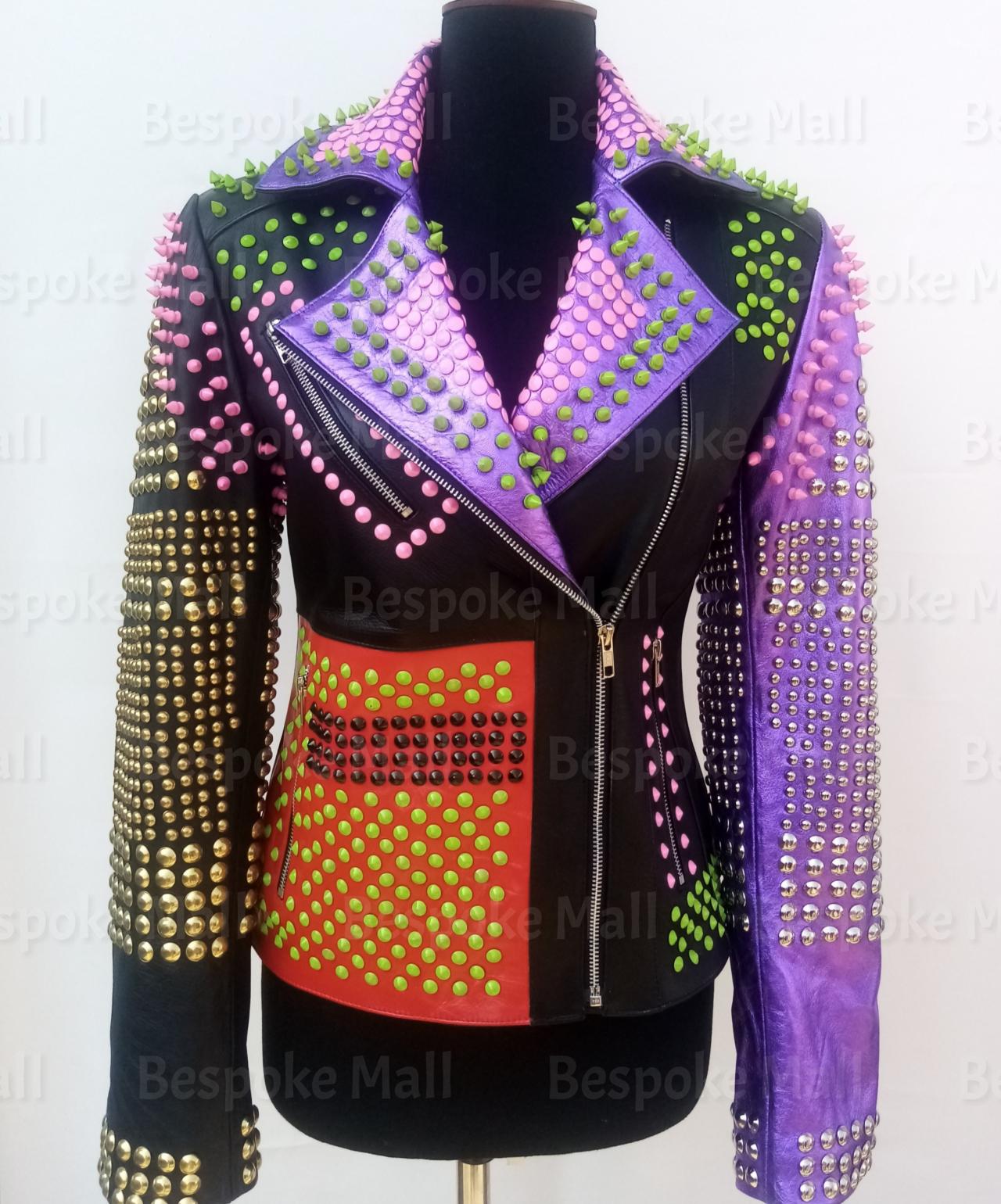 Handmade Women Rock Punk Multicolored Spiked Studded Steampunk Brando Unique Stylish Cowhide Leather Jacket-24