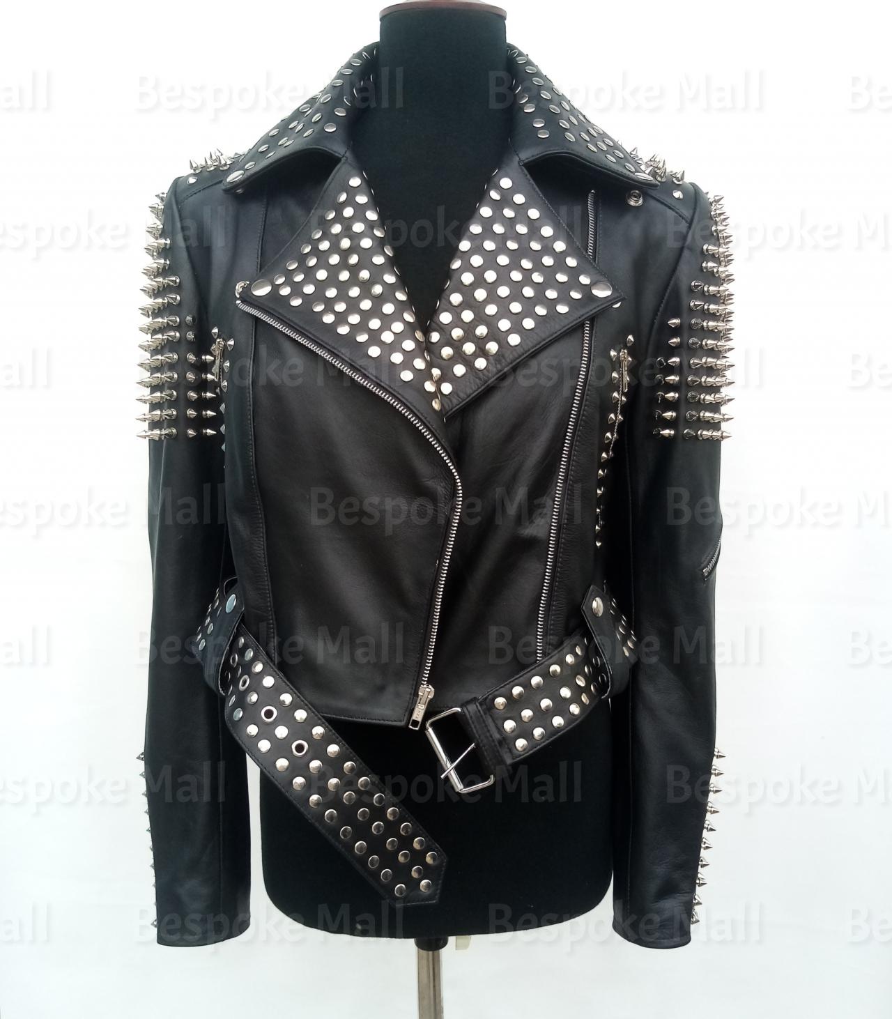 Handmade Women Black Silver Spiked Studded Brando Unique Leather Jacket-25