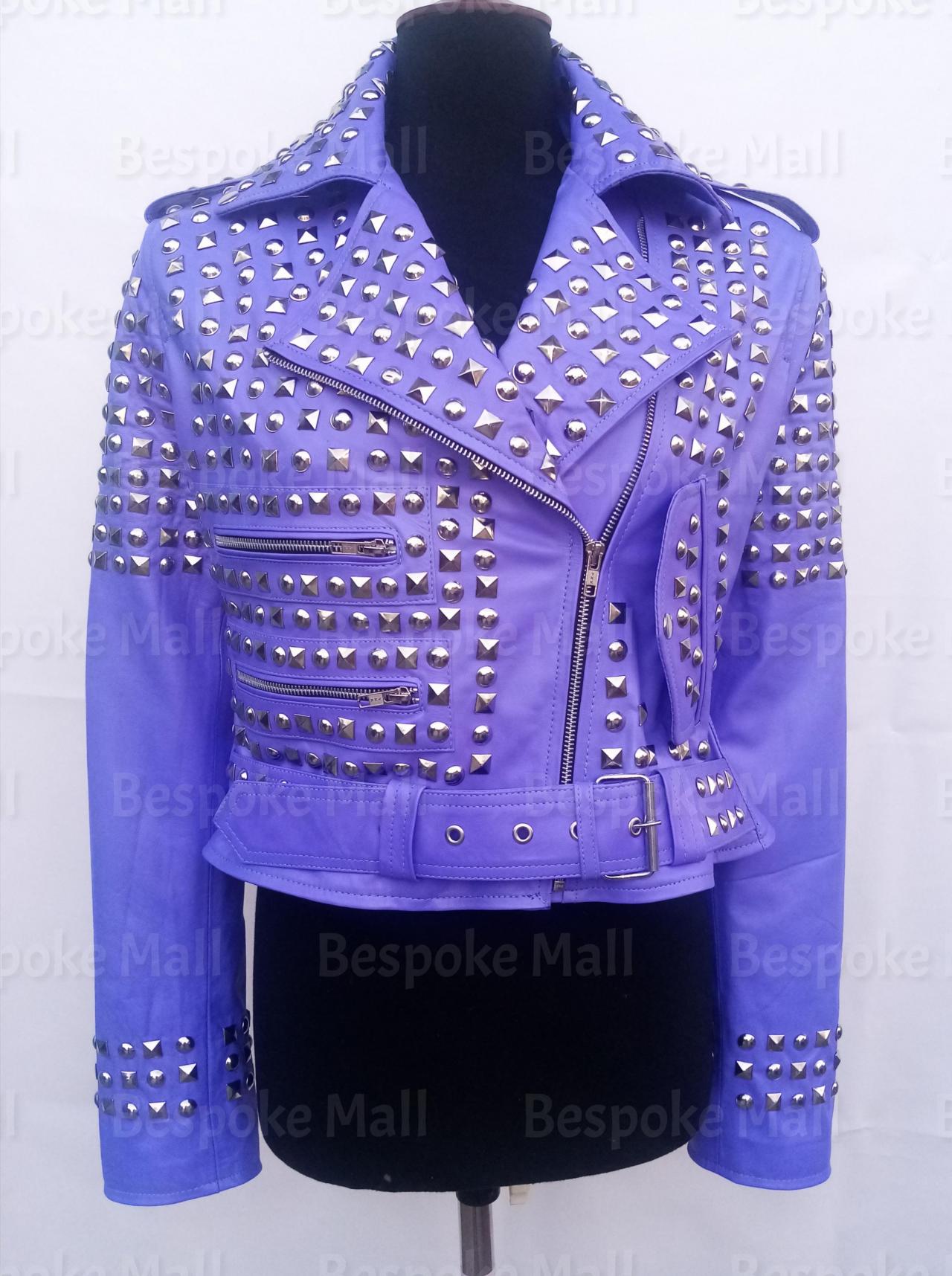 New Handmade Women Punk Blue Silver Studded Brando Punk Unique Leather Jacket-26