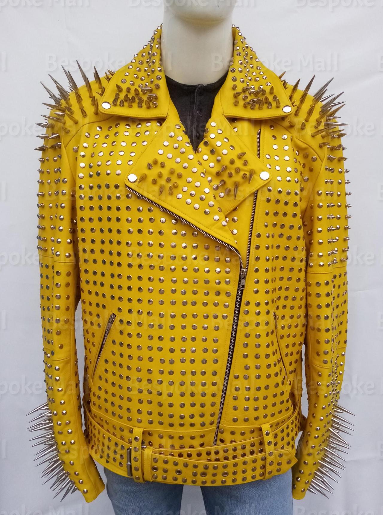 Handmade Men Yellow Full Steampunk Silver Long Spiked Studded Leather Brando Belted Cowhide Leather Jacket-27