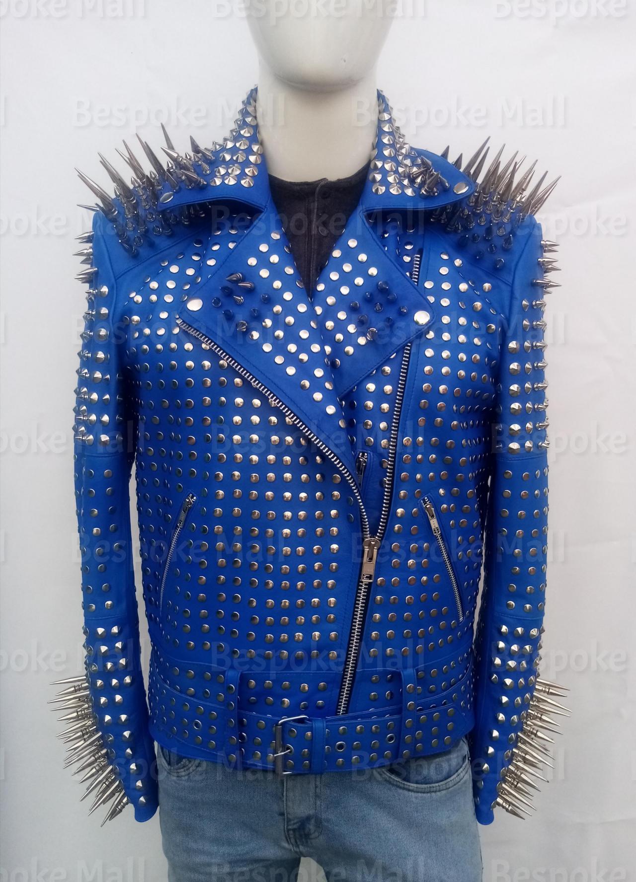 Handmade Men's Blue Full Punk Silver Long Spiked Studded Leather Brando Belted Cowhide Leather Jacket-28