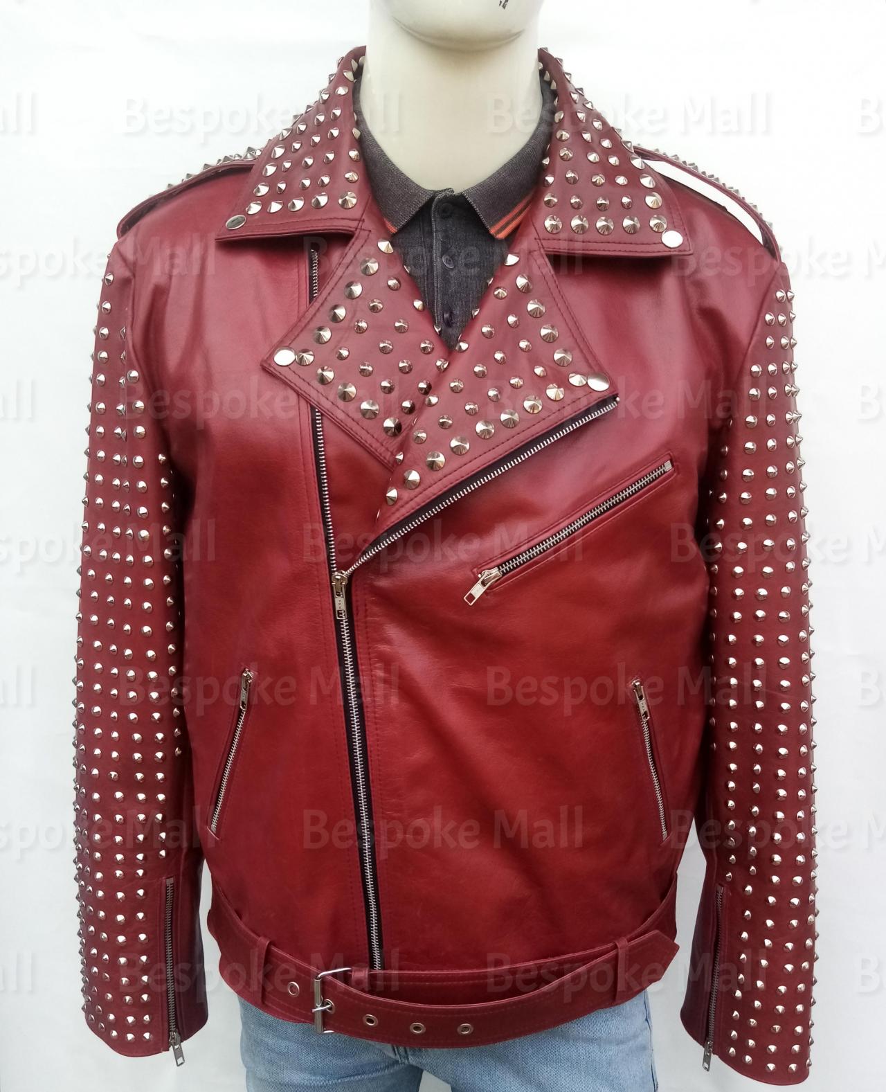 Handmade Men Red Color Silver Studded Brando Unique Belted Leather Jacket-29