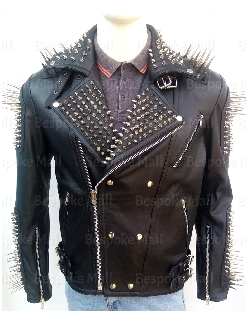Handmade Men Studded Leather Jacket Punk Silver Long Spiked Studded Leather Buttons Up Studs And Spikes Made To Orders Steampunk-30