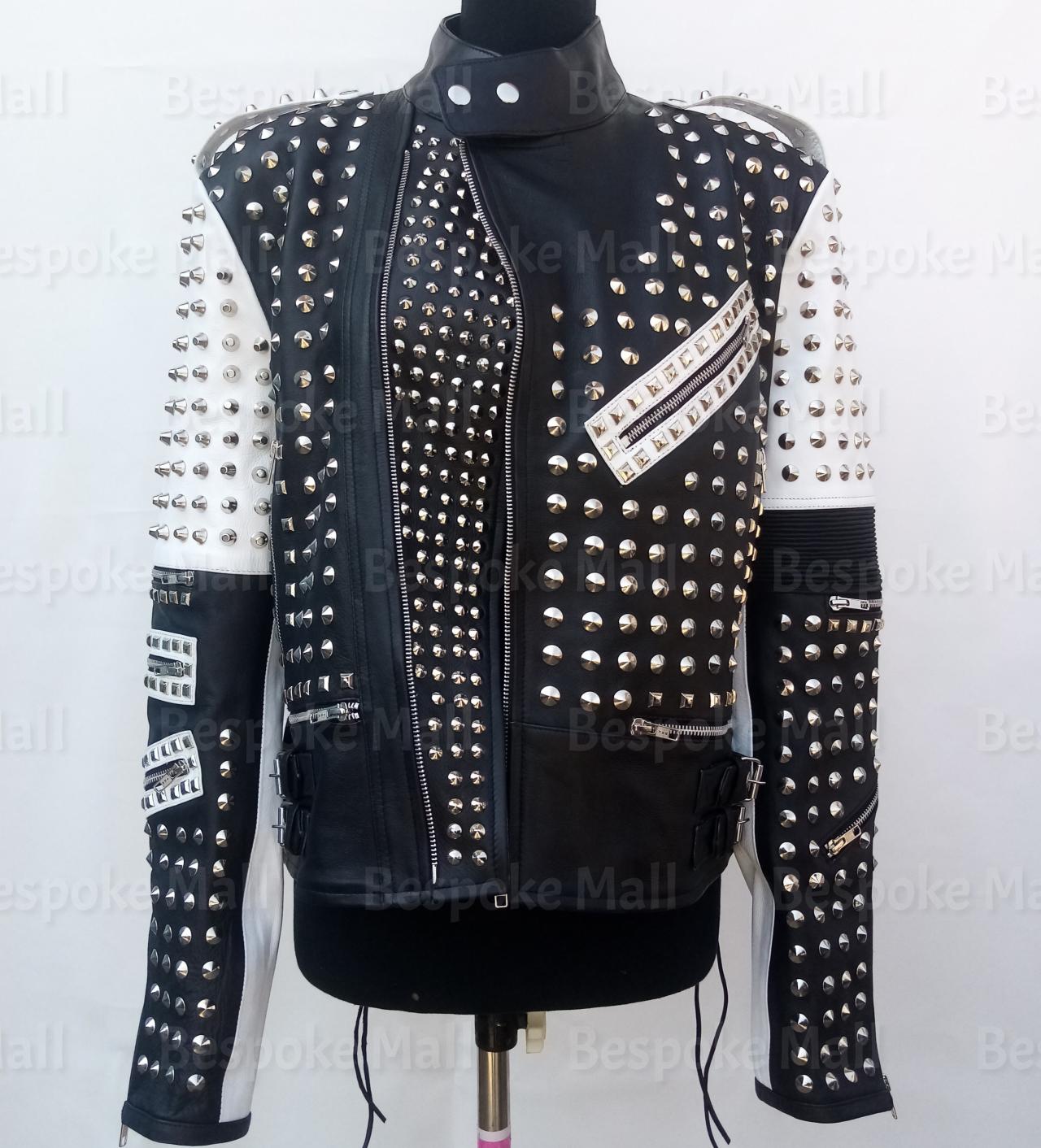 Handmade Women White Black Silver Studded Belted Stylish Leather Jacket-31