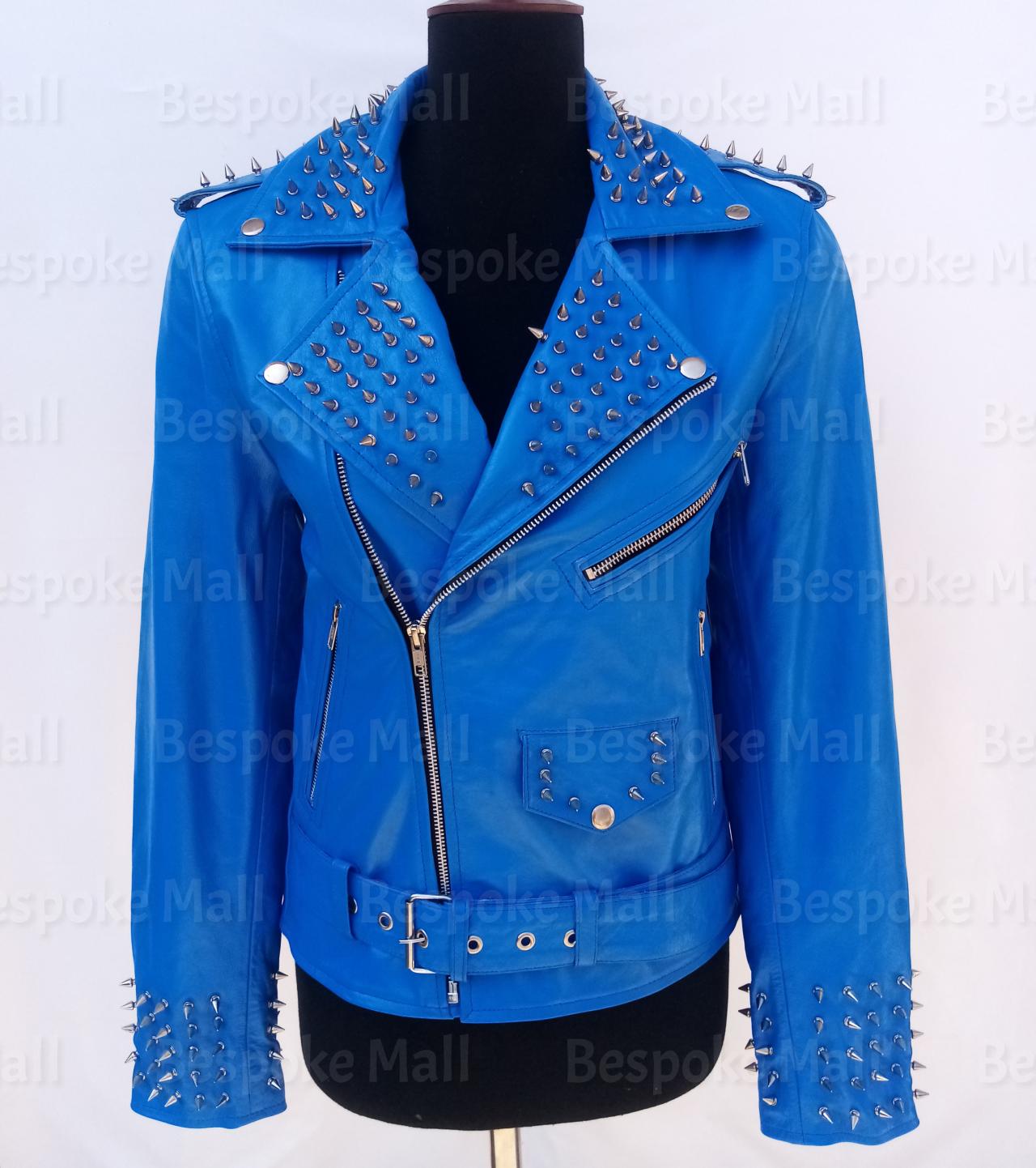 Handmade Women Blue Silver Spiked Studded Belted Style Leather Jacket-33