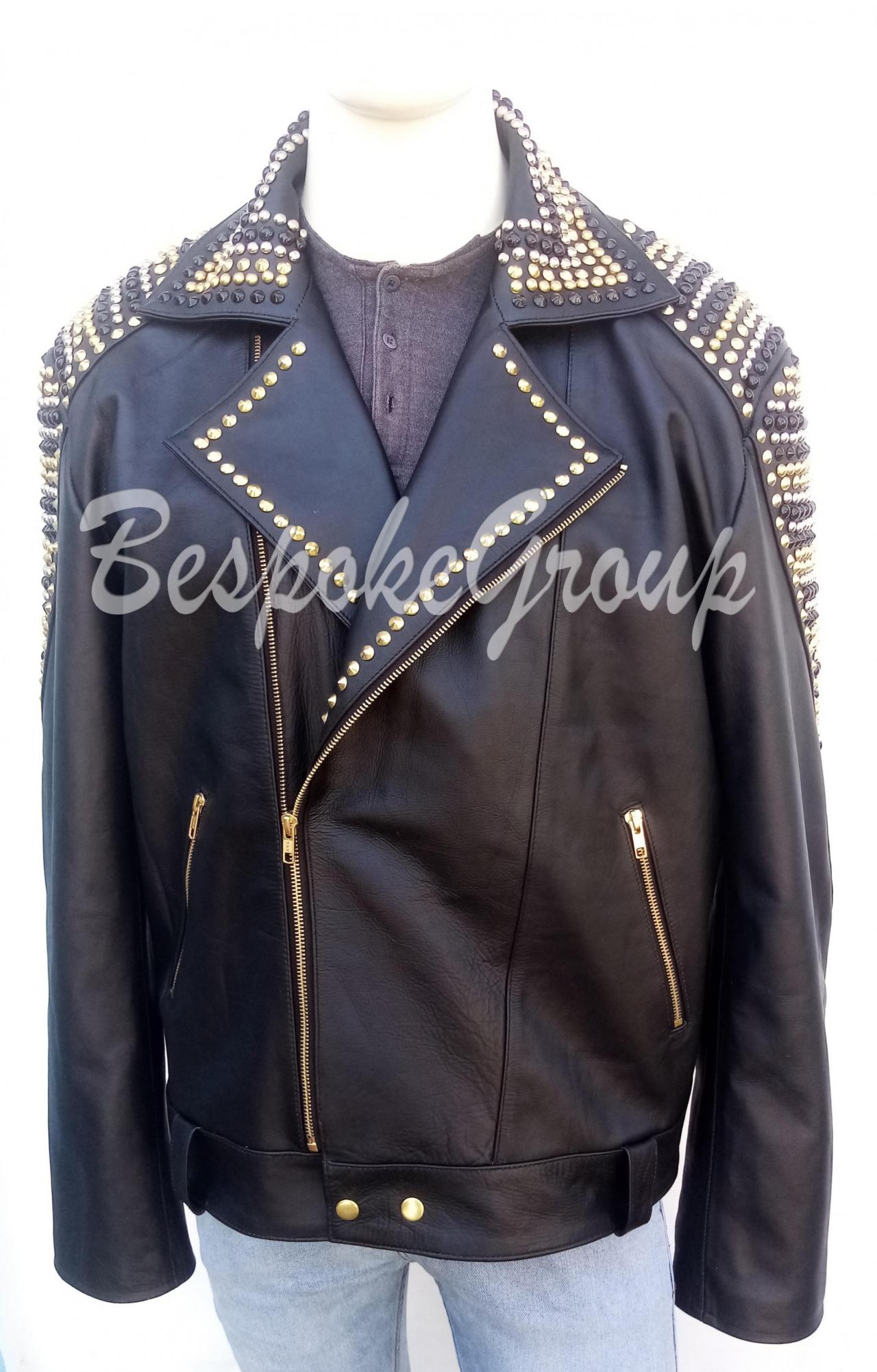 New Handmade Mens Punk Black Golden Multicolored Studded Biker Stylish Cowhide Leather Jacket-36