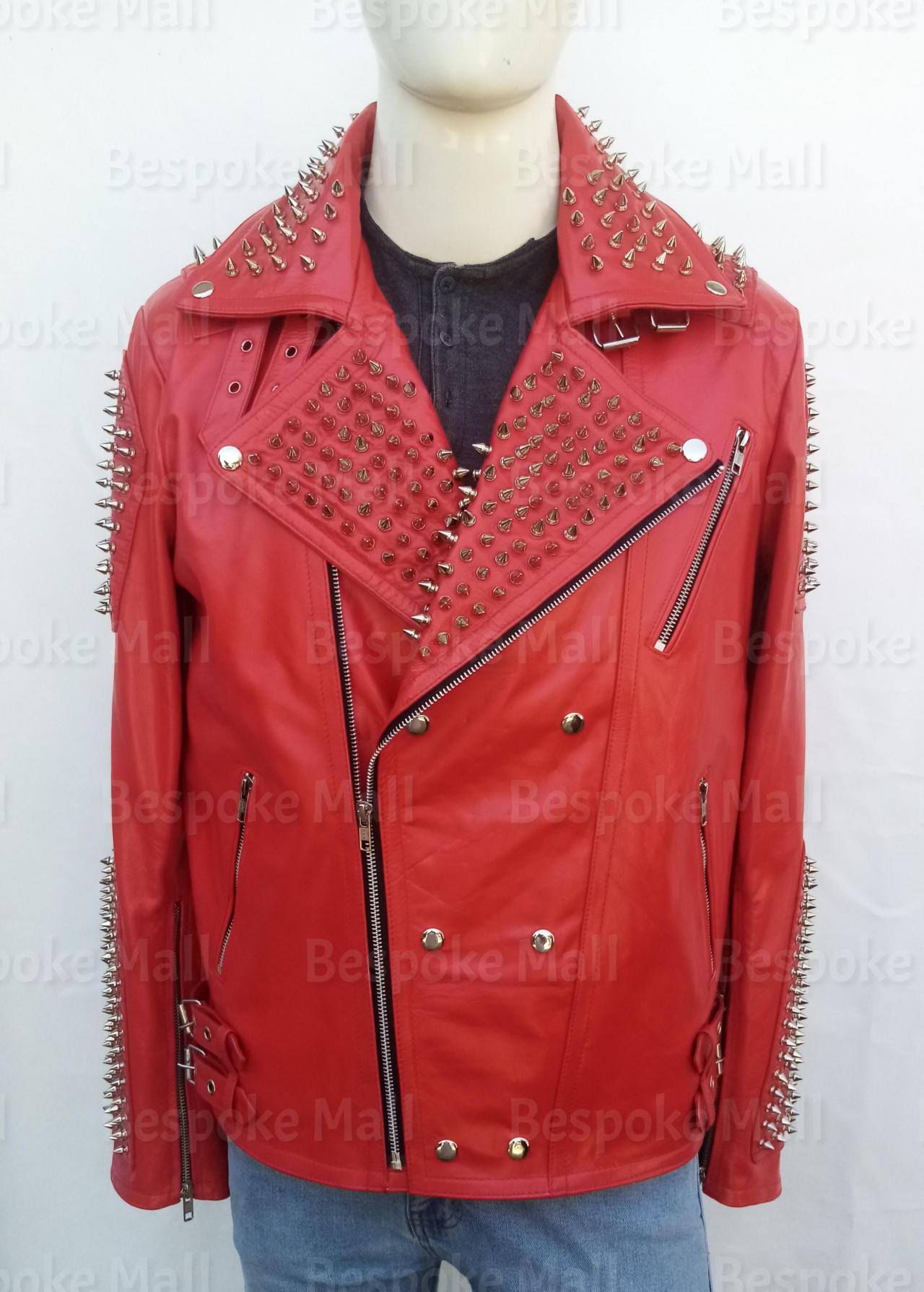 New Handmade Mens Red Silver Spiked Studded Fashion Cowhide Biker Leather Jacket Button Up-37