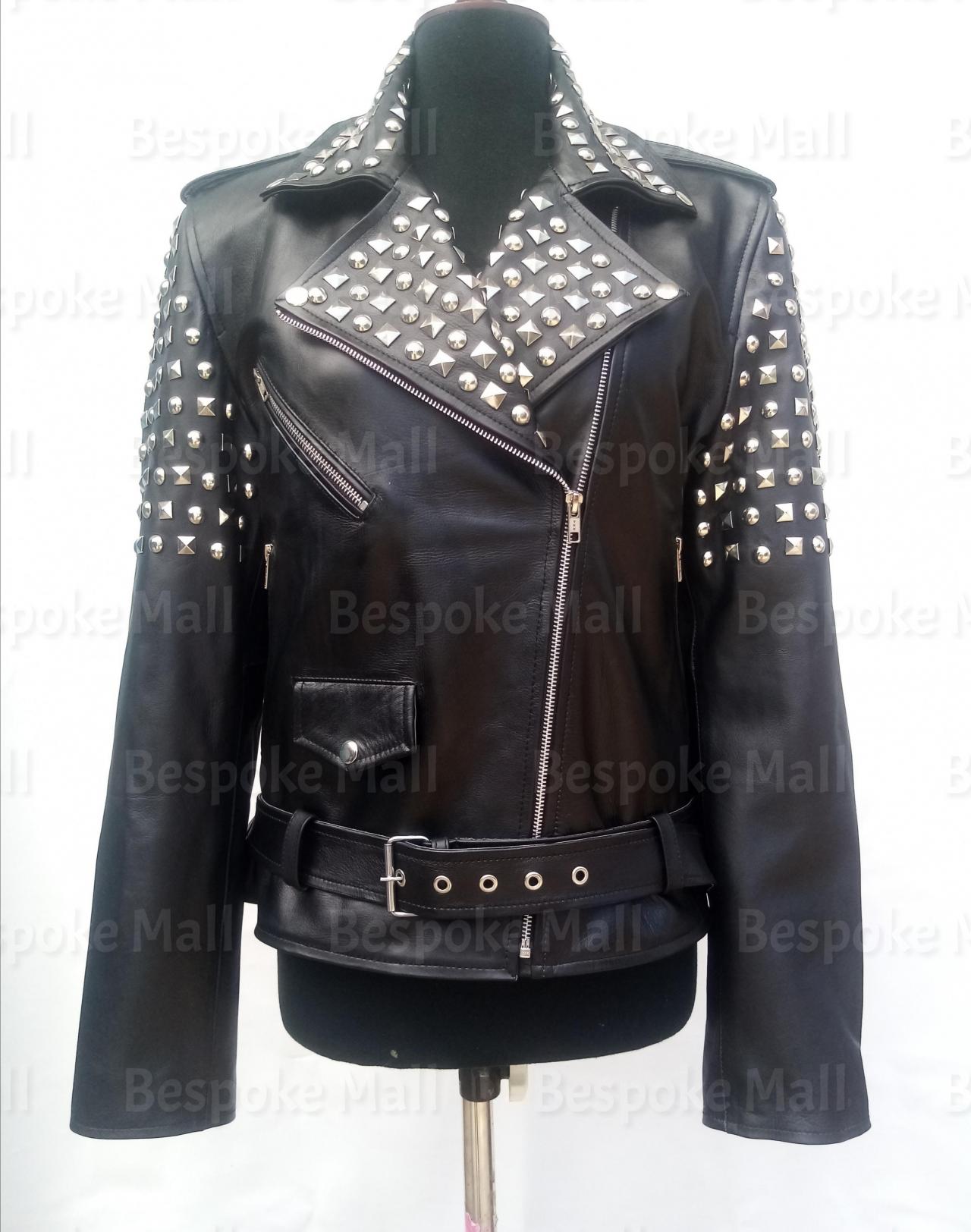 Handmade Women Black Silver Studded Brando Style Cowhide Biker Leather Jacket Belted-42