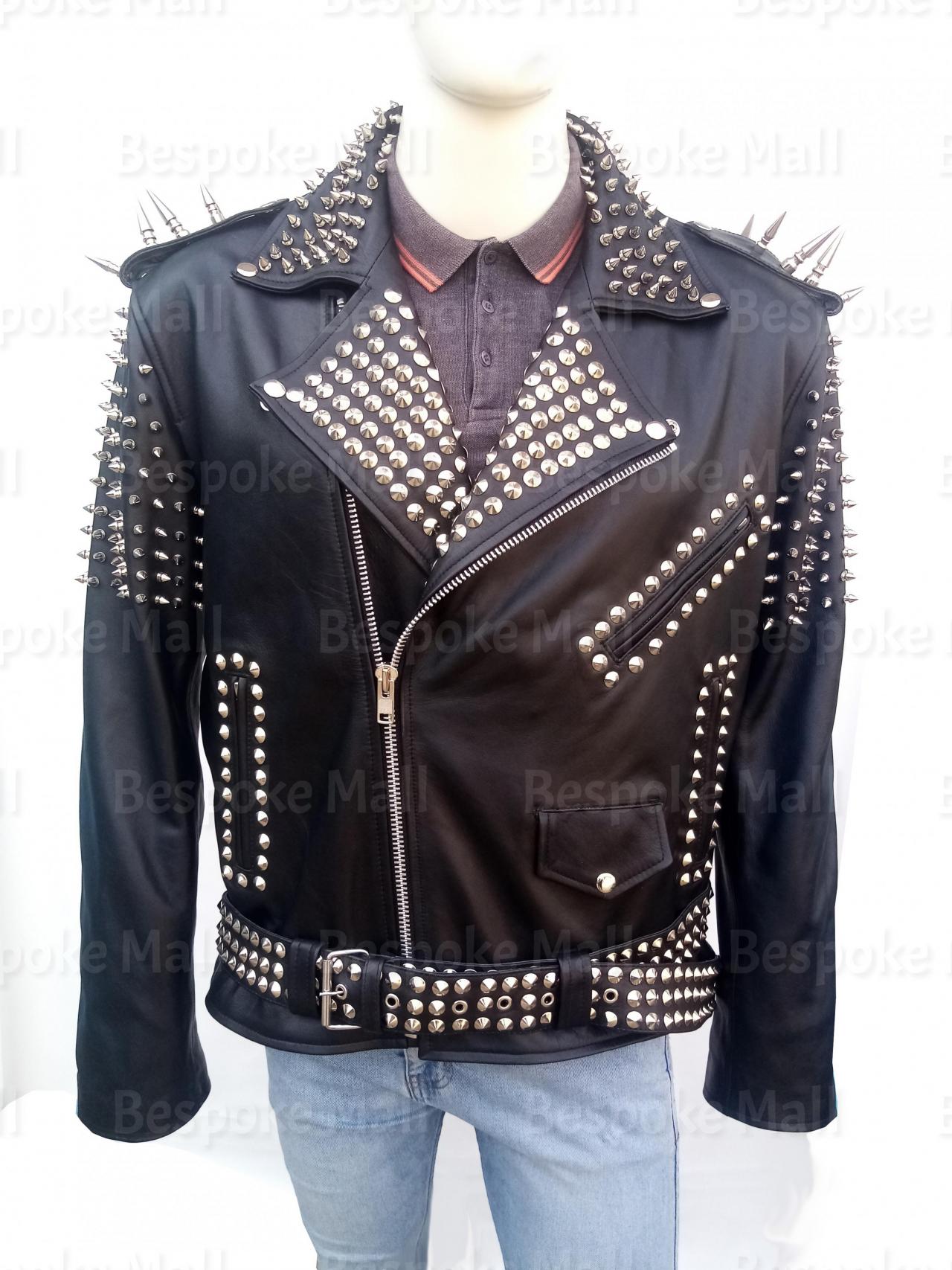 Handmade Mens Punk Black Silver Long Spiked Studded Brando Belted Cowhide Biker Leather Jacket-43