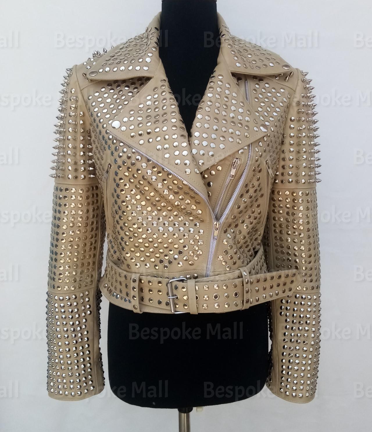 New Handmade Women Rock Punk Beige Color Full Silver Spiked Studded Brando Belted Unique Style Biker Cowhide Leather Jacket-44