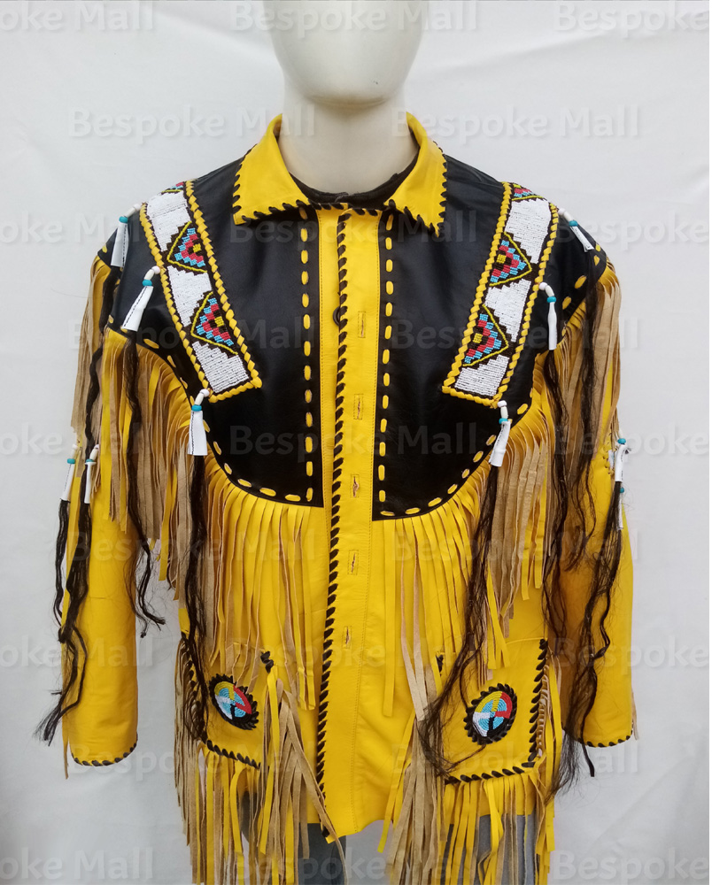Handmade Men Yellow Black Western Style Long Fringes Beads Leather Jacket-45