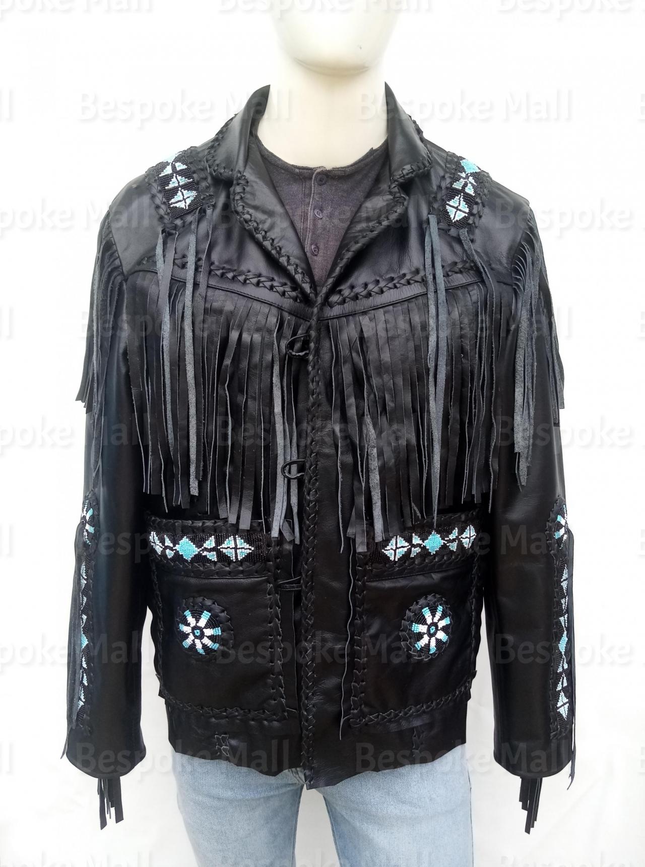 Handmade Men Black Western Wear Fringes Beads Patches Cowhide Leather Jacket-46