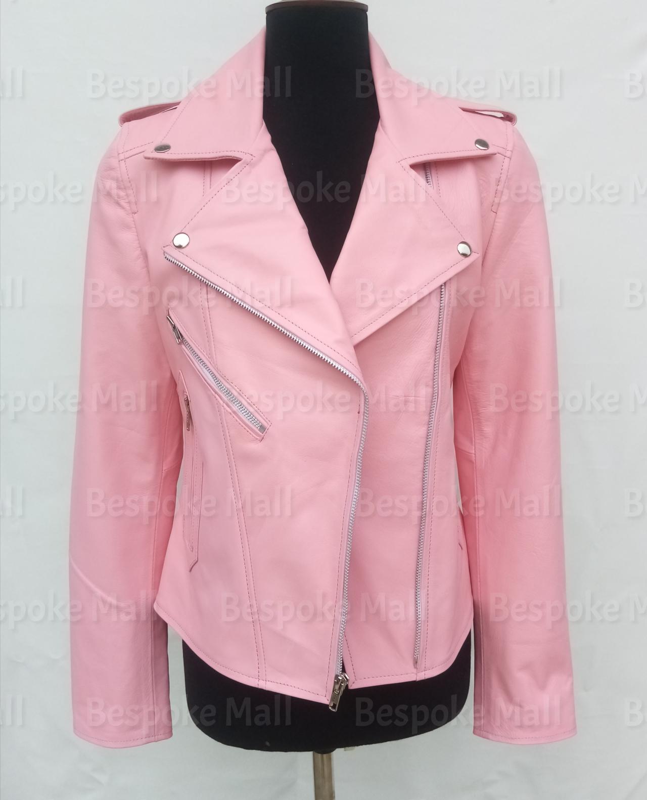Handmade Women Full Pink Brando Style Zipper Fashion Leather Jacket-48