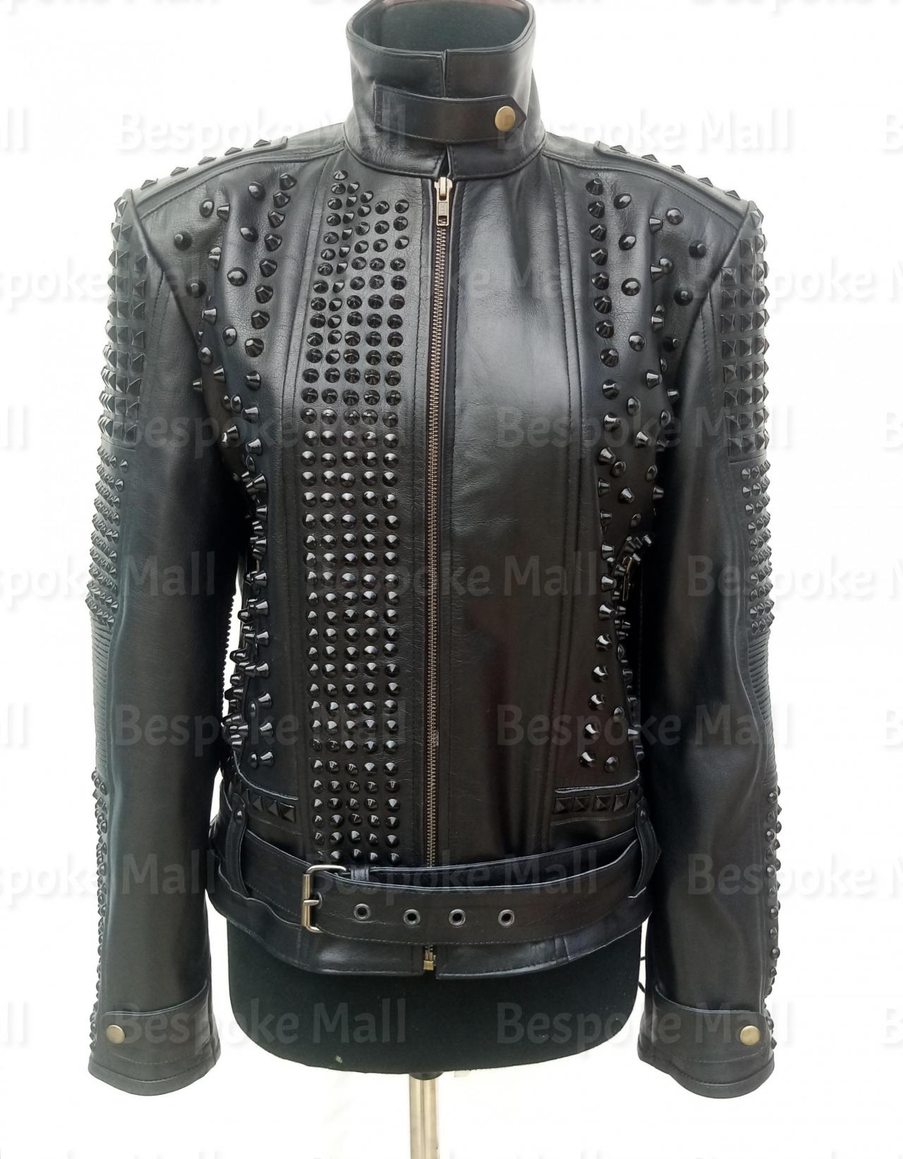 New Handmade Women Full Black Studded Unique Style Designed Cowhide Biker Belted Leather Jacket-50