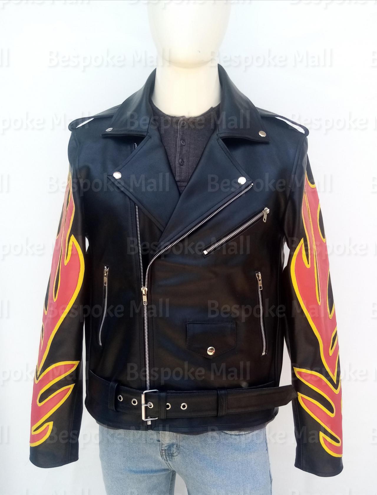 Handmade Mens Black Brando Fashion Stylish Patches Leather Jacket-58