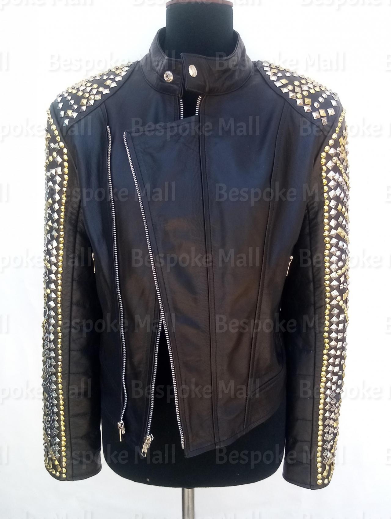 Handmade Women Black Multicolored Golden Silver Studded Unique Style Biker On Sleeves Tab Caller Cowhide Leather Jacket-61