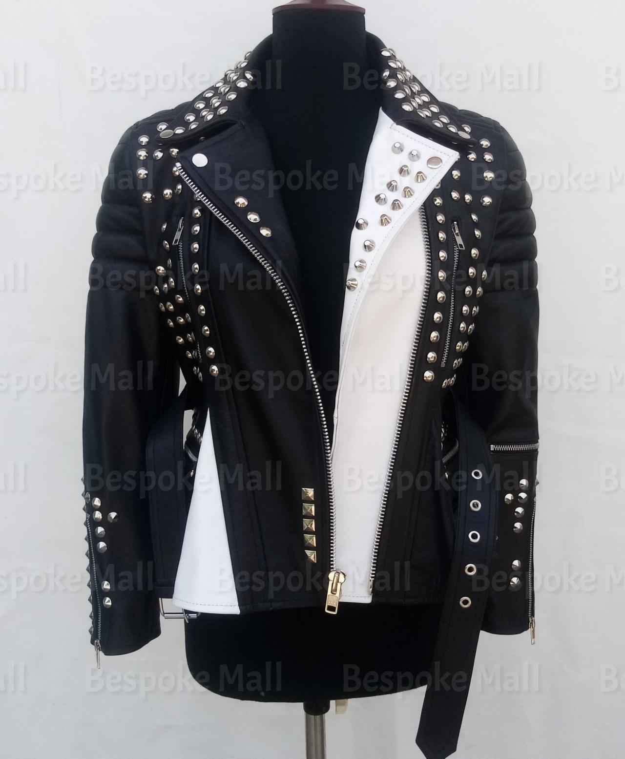 Handmade Women Black Silver Studded Rock Punk Multicolored Unique Fashion Style Cowhide Belted Biker Leather Jacket-67