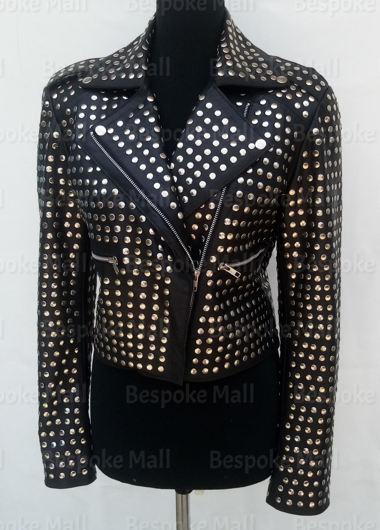 Handmade Women Black Full Rivet Silver Studded Brando Punk Style Cowhide Biker Leather Jacket-68