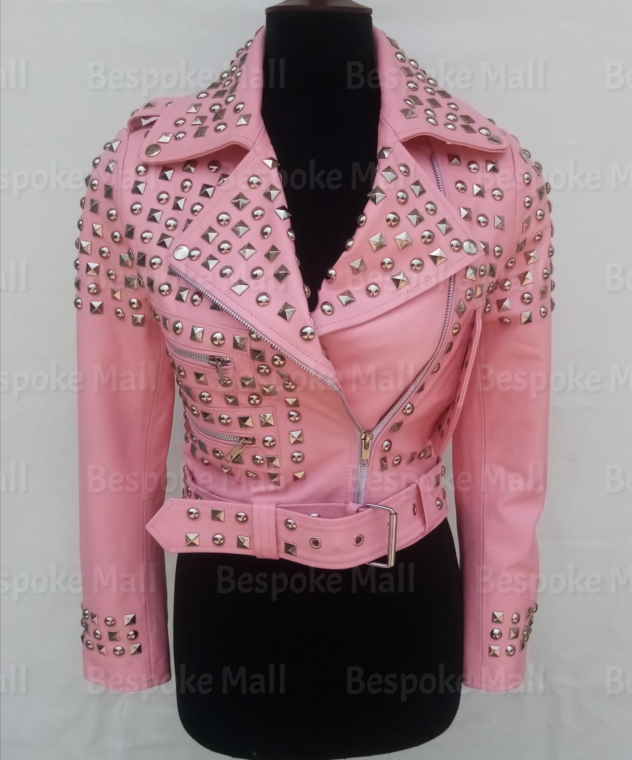 Handmade Women Baby Pink Full Silver Studded Punk Stylish Elegant Belted Design Cowhide Biker Leather Jacket-69