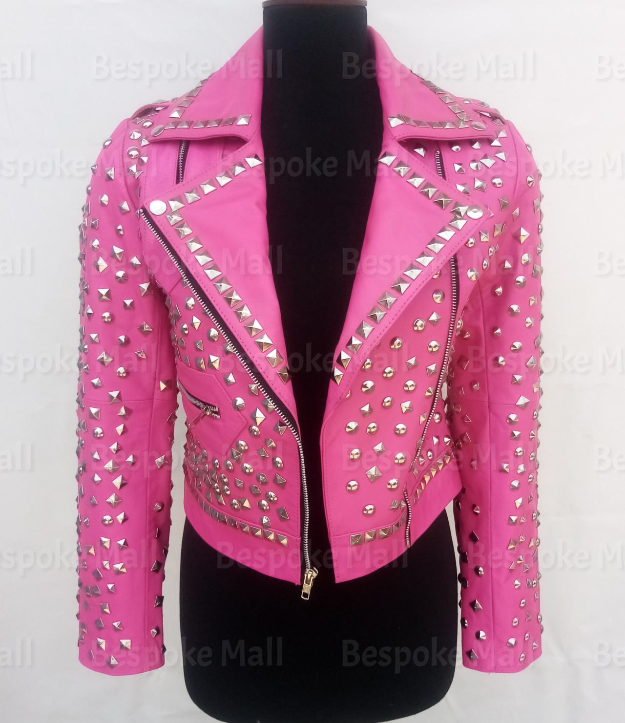 Handmade Women Pink Colored Short Body Full Silver Studded Stylish Design Cowhide Biker Leather Jacket-70