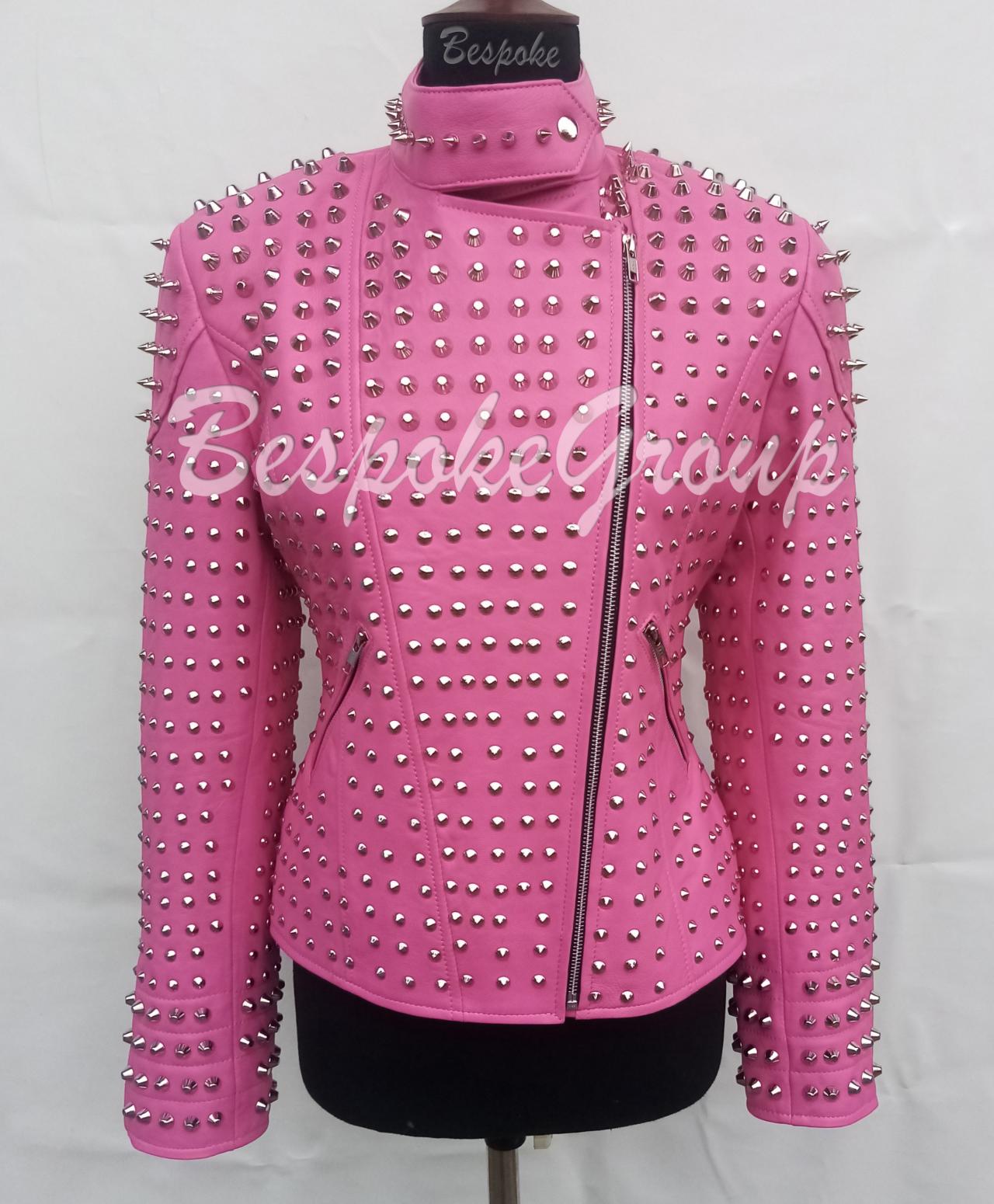 New Handmade Women Pink Unique Steam Punk Full Silver Studded Brando Biker Cowhide Leather Jacket-72