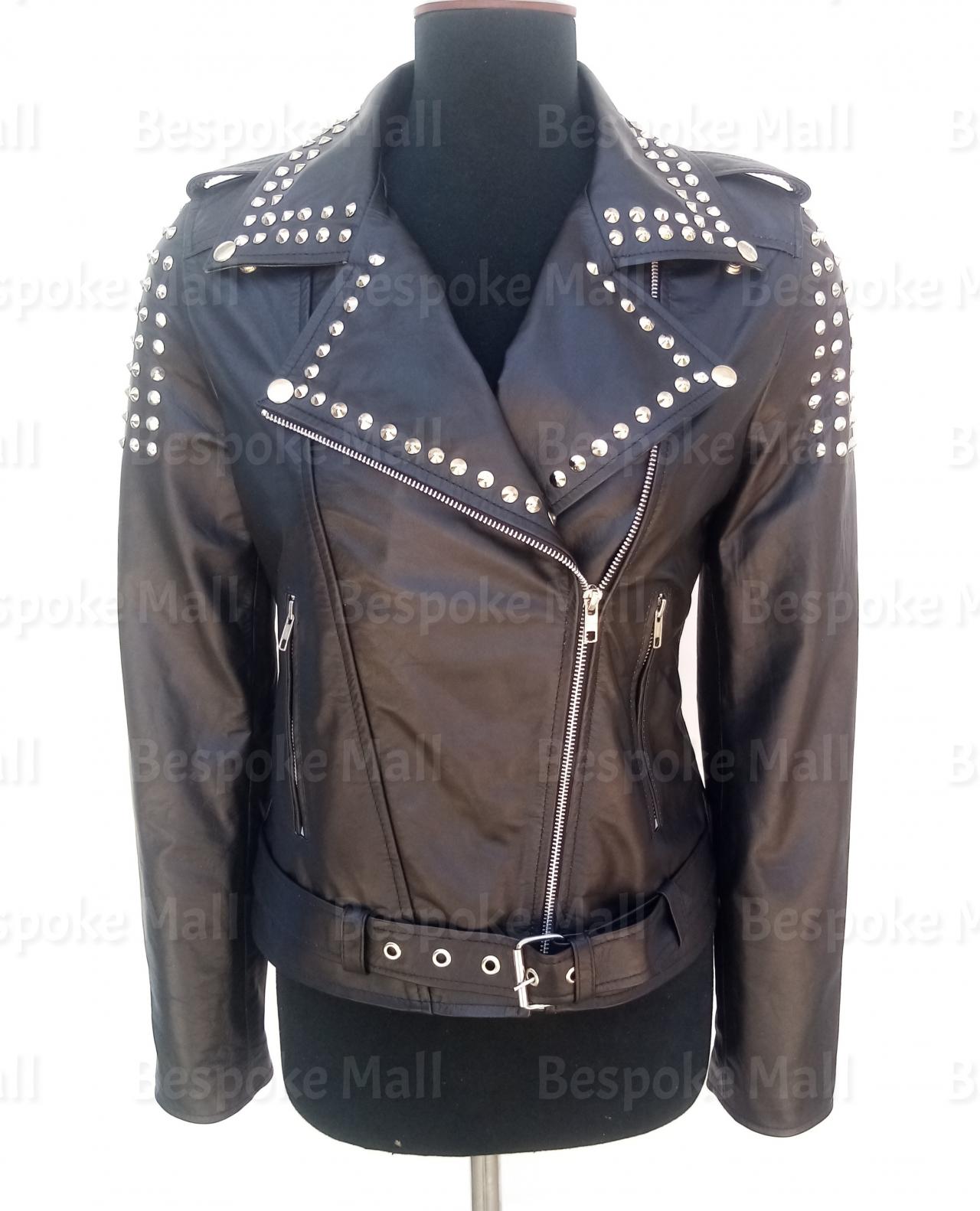 Handmade Women Black Silver Studded Brando Style Belted Designer Biker Cowhide Leather Jacket-64