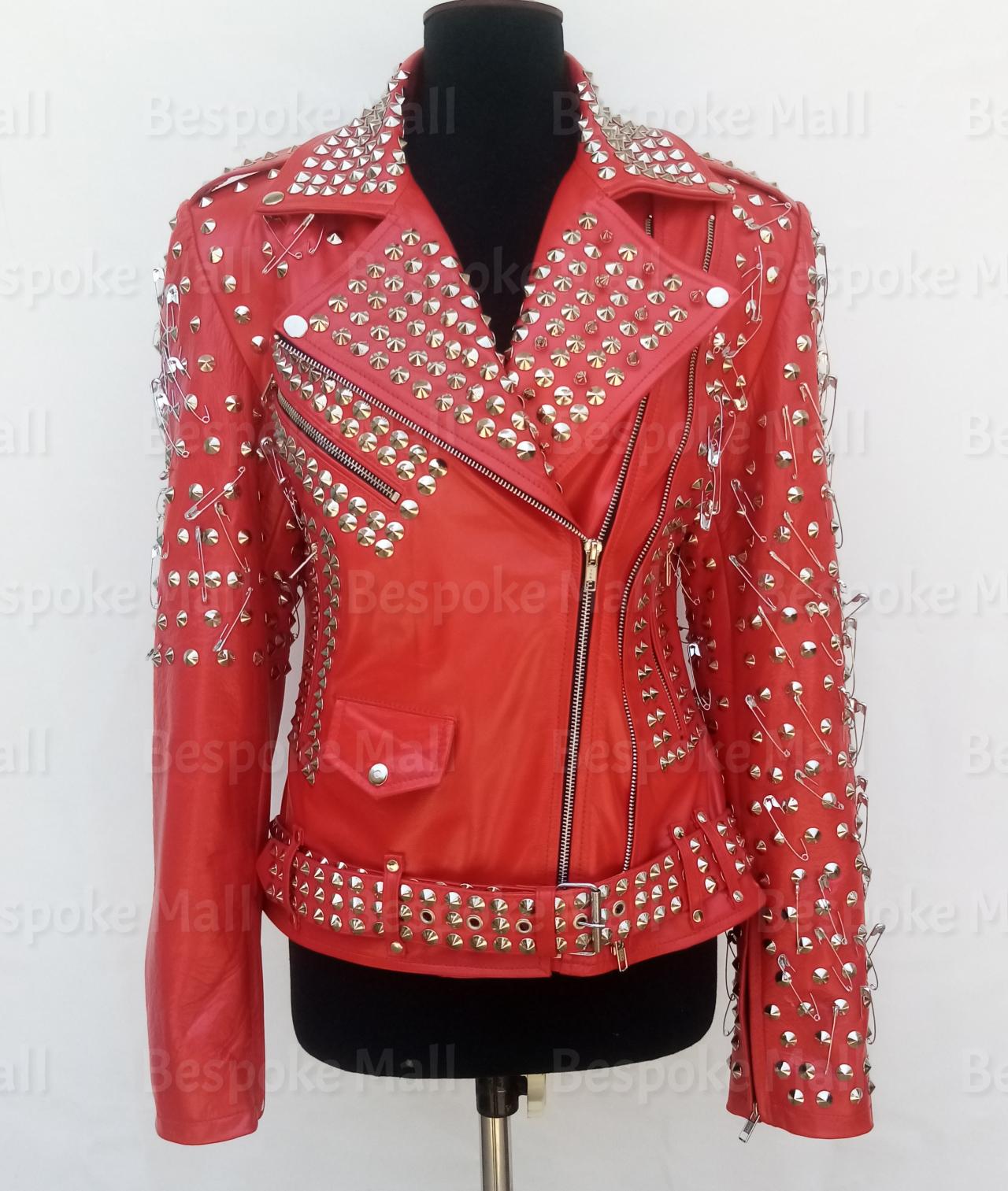 New Handmade Women Red Full Silver studded Unique Style Brando Belted Cowhide Leather Jacket-73