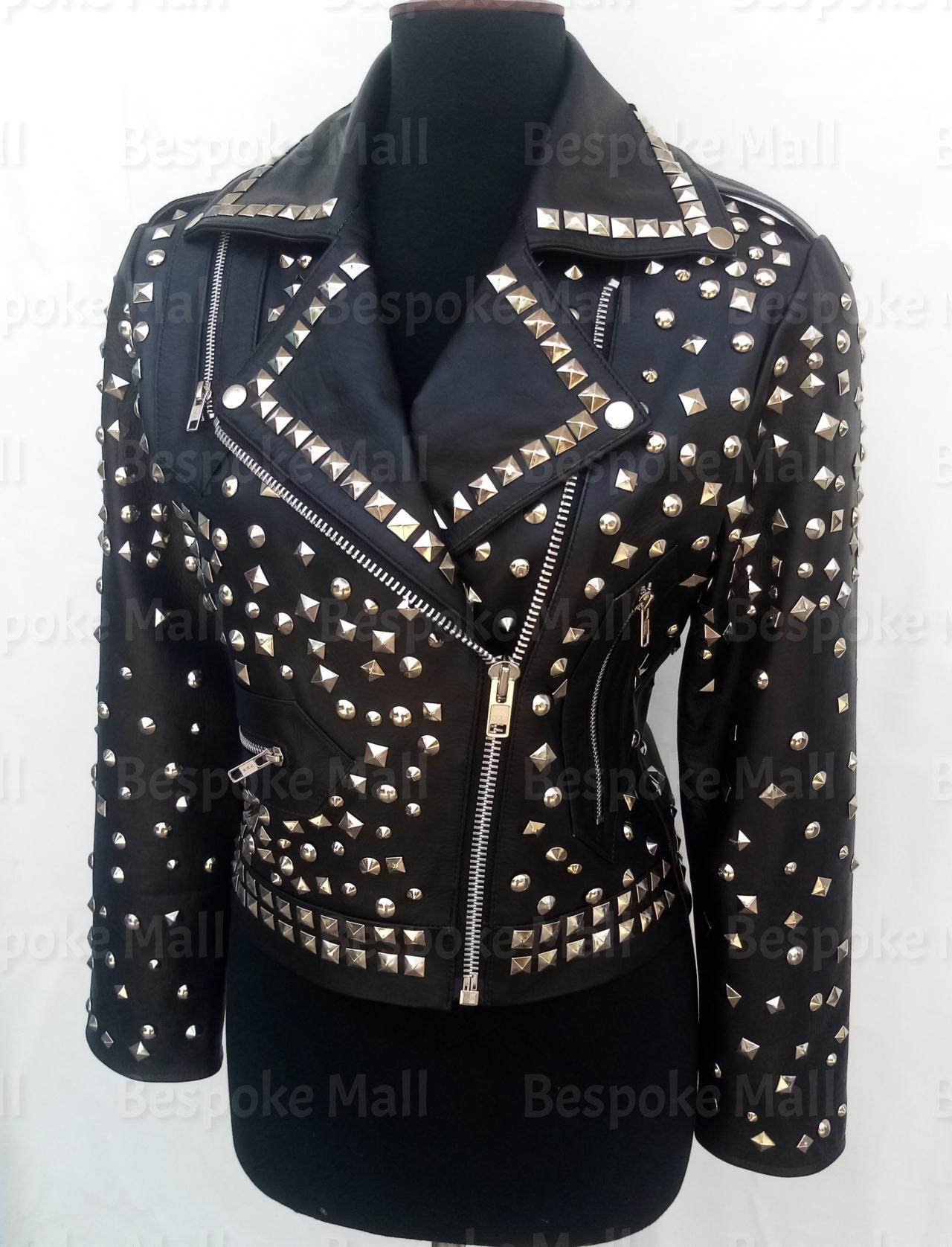 Handmade Women Black Punk Full Silver Studded Brando Unique Biker Zipper Leather Jacket-75