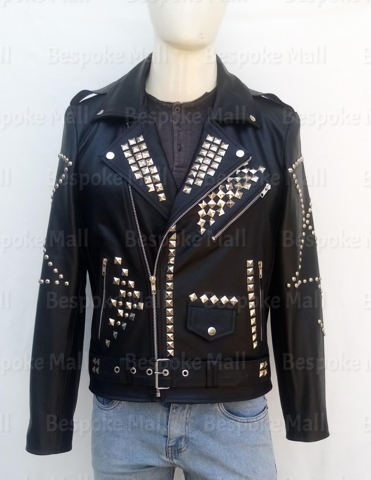 New Handmade Men Black Silver Studded Rock Punk Brando Studded Cowhide Belted Biker Leather Jacket-78