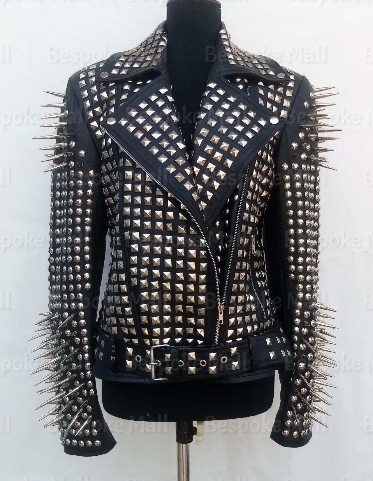Handmade Woman Black Punk Long Spike Full Silver Studded Star Fashion Punk Biker Brando Cowhide Leather Jacket-80