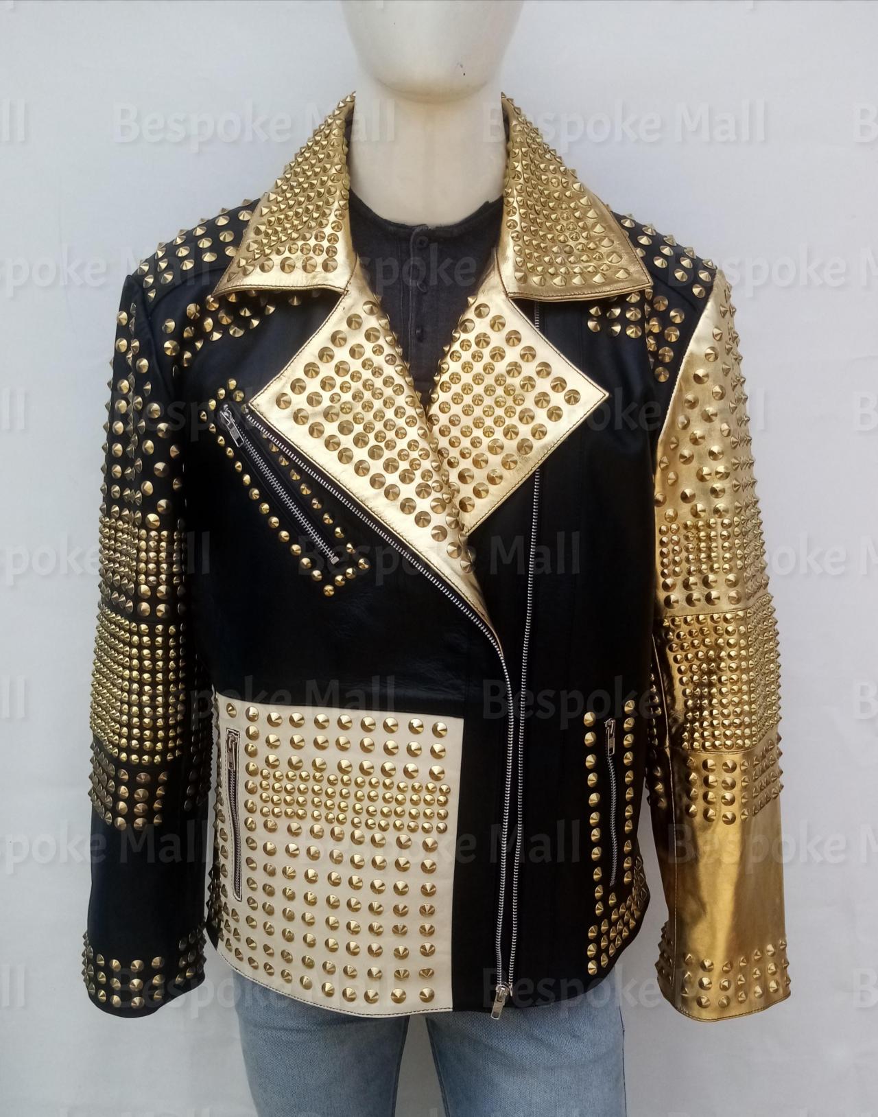 Handmade Men Black Gold Full Golden Studded Punk Unique Costume Back 305 Fashion Leather Biker Cowhide Leather Jacket-83