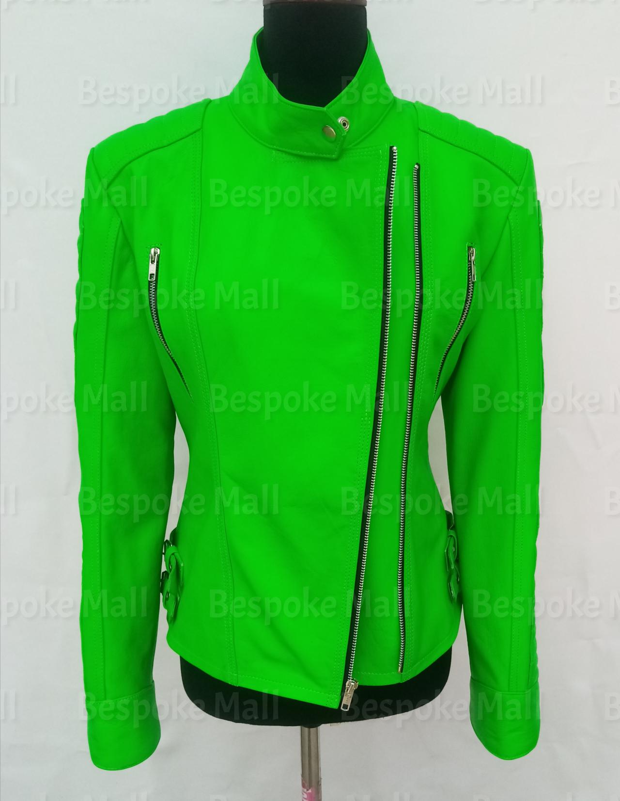 Handmade Woman Green Flrosend Stylish Fashion Cowide Leather Jacket-82
