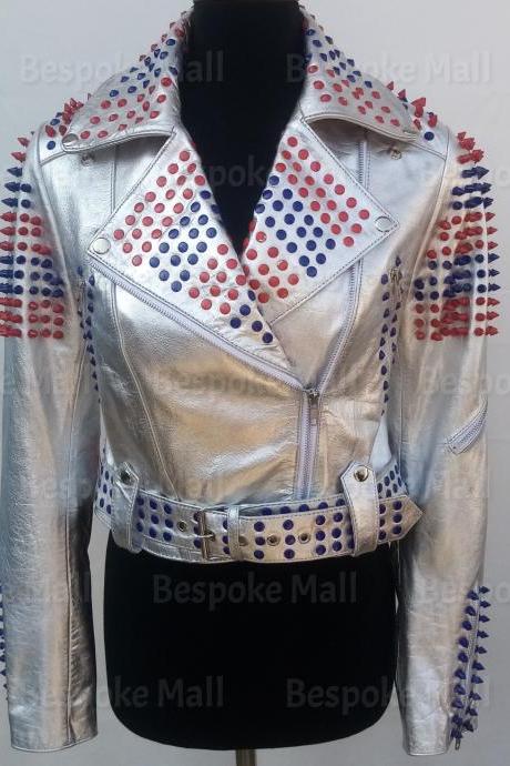 New Handmade Women's Silver Punk Multi-colors Spiked Studded Brando Belted Cowhide Biker Leather Jacket-1