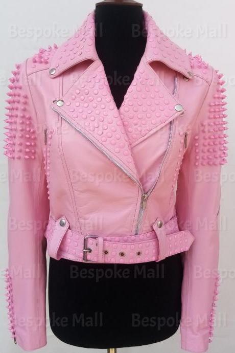 Handmade Women Pink Full Spiked Studded Rock Punk Belted Brando Stylish Designed Cowhide Leather Jacket-2