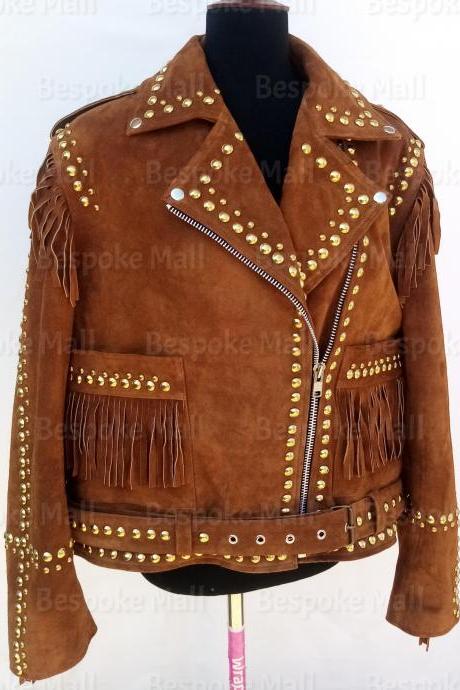 New Handmade Women Punk Brown Golden Studs Brando Western Style Leather Jacket-6
