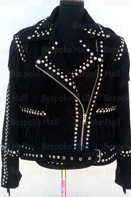 New Handmade Women Western Style Black Silver Studs Punk Suede Leather Jacket-7