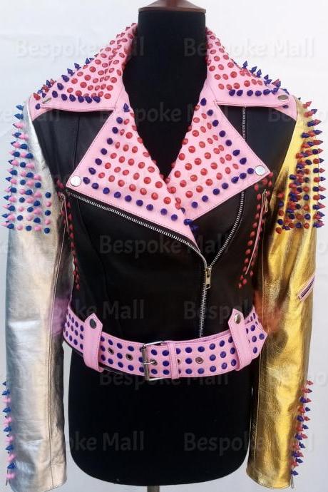New Handmade Women Multi-Colors Style Punk Half Spiked Woman Studded Cowhide Leather Jacket -8